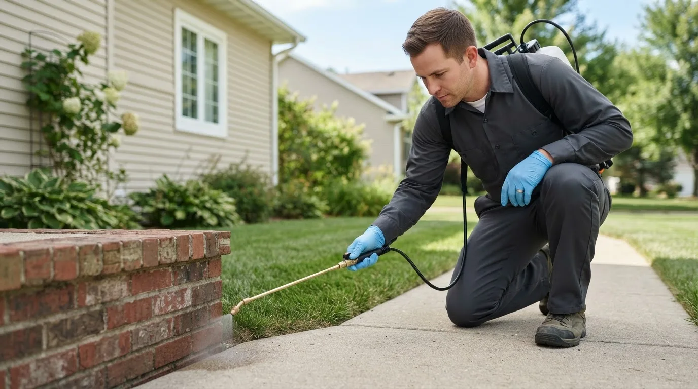 Pest control technician treating a home near Chandlerville, IL