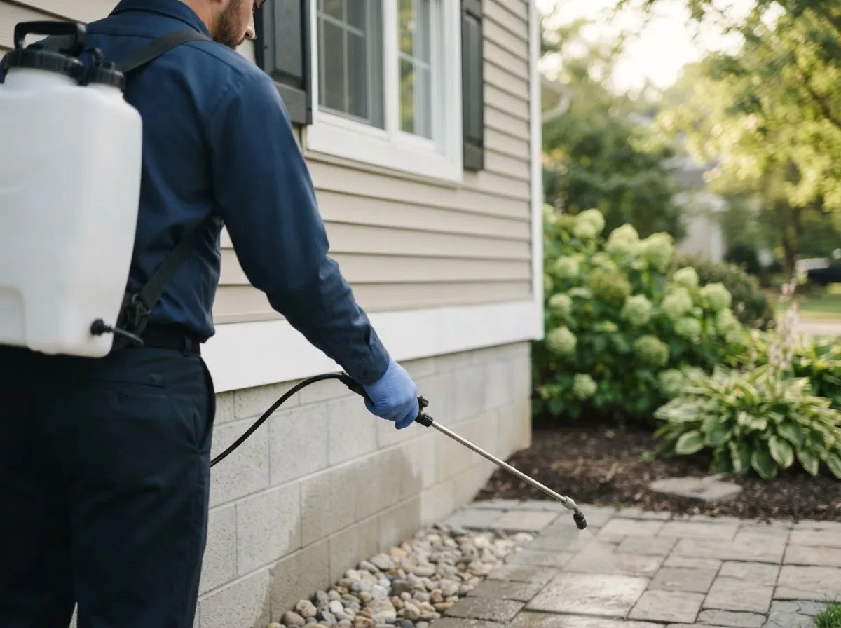 Pest control technician inspecting a home in Chandlerville, IL